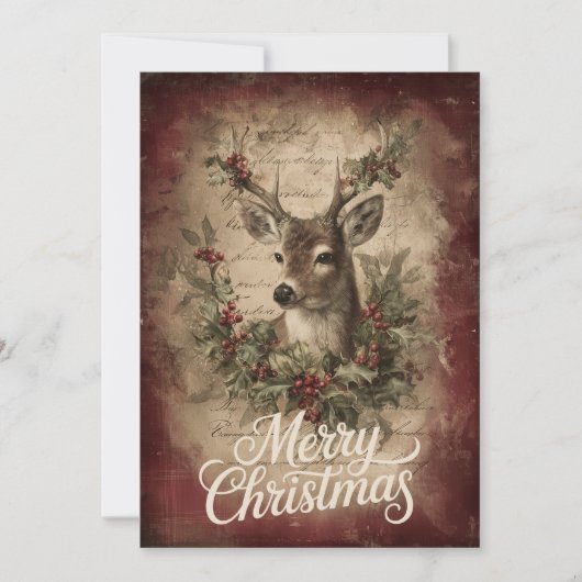 リアリスティックな鹿とリースとラスティックレッド シーズンカード (正面)