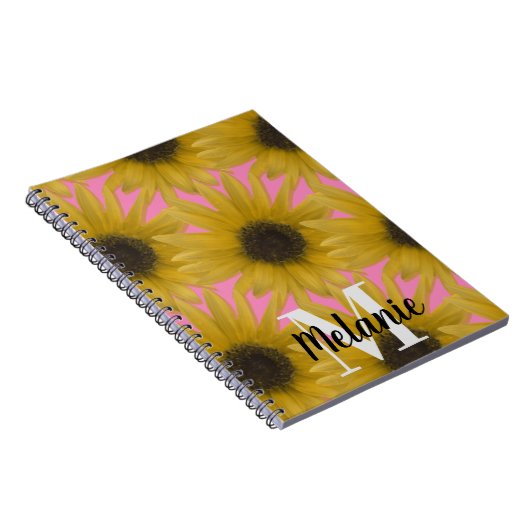 リアリスティックひまわりガーデンカスタムモノグラムピンク ノートブック (右側)