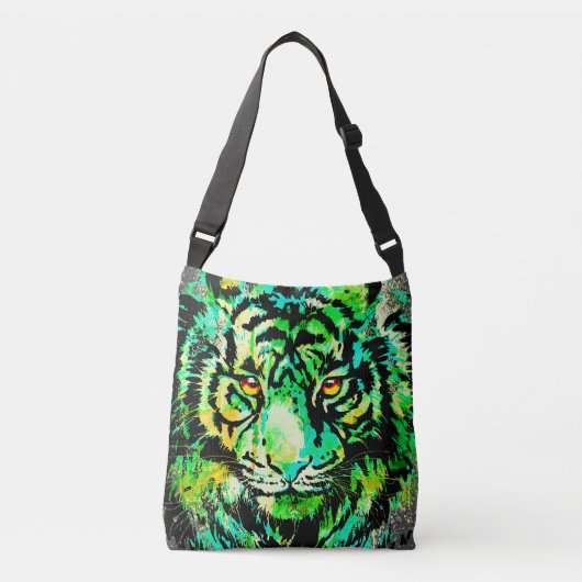 リアリスティックタイガー – グリーンタイガーヘッドスケッチ クロスボディバッグ (正面)