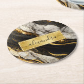 リアリスティック ブラック ホワイト ゴールド マーブル エレガント モダン ラウンドペーパーコースター (アングル)