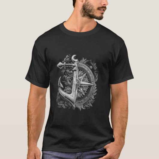 リアルなアンカー+航海+ナウティカ コンパス図面 Tシャツ (正面)