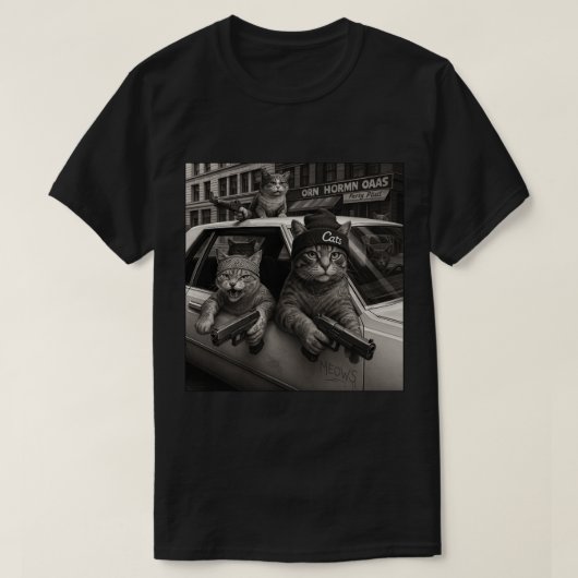 リアルなギャング猫都市シーン – トレンディー猫 Tシャツ (デザイン正面)