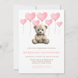リアルなテディベアピンクバルーンガールベビーシャワー 招待状