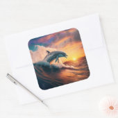 リアルなドルフィンジャンプ海サンセットキッズ大人 スクエアシール (封筒)