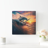 リアルなドルフィンジャンプ海サンセットキッズ大人 スクエア壁時計 (ホーム)