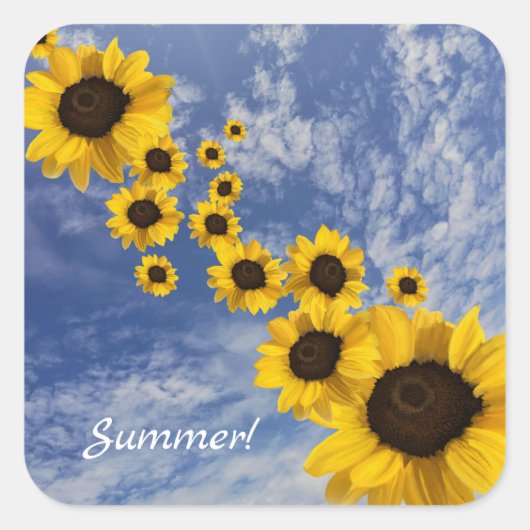 リアルなヒマワリ青空ふわふわ雲 スクエアシール (正面)