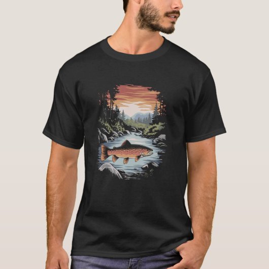 リアルなブラウントラウト釣りデザイン Tシャツ (正面)
