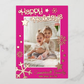 リアルなホイルスターズのホリデーカード | ホットピンク | フォト 箔シーズンカード (正面)