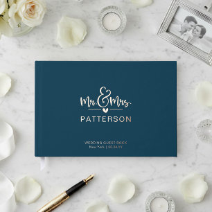 リアルなホイル加工のMr. & Mrs. オーダーメイド名前入り青い結婚式 ゲストブック