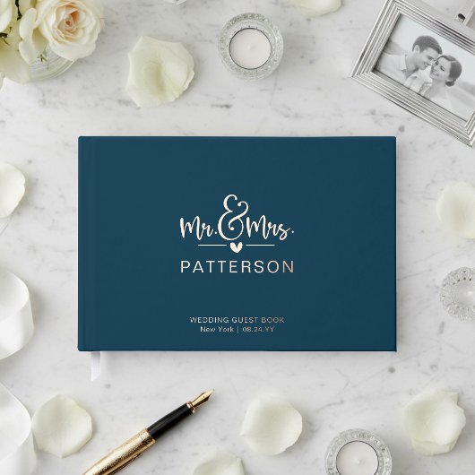 リアルなホイル加工のMr. & Mrs. オーダーメイド名前入り青い結婚式 ゲストブック
