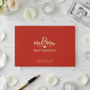 リアルなホイル加工のMr. & Mrs. カップル名入り 赤い結婚式 ゲストブック