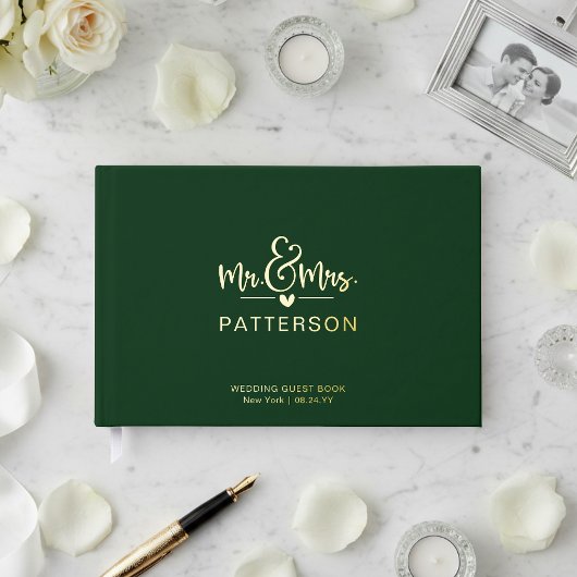 リアルなホイル加工 Mr. & Mrs. オーダーメイド名前 緑の結婚式 ゲストブック