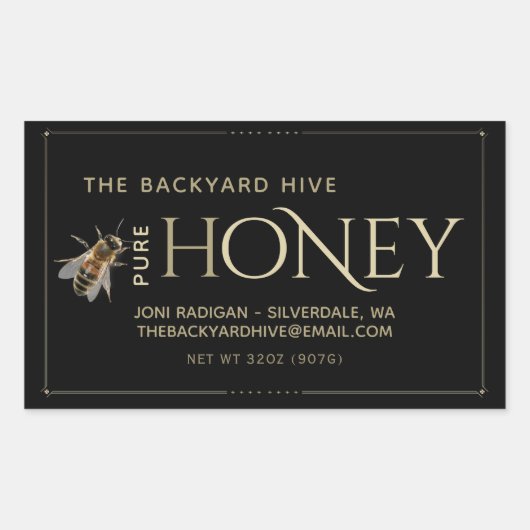 リアルなミツバチとミツバチの黒い縁ど蜂蜜ラベル 長方形シール (正面)