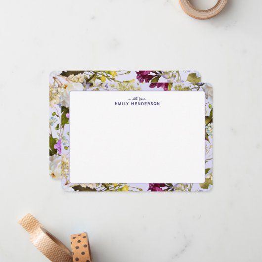 リアルなワイルドフラワーの花柄フレーム ノートカード (正面/裏面インサイチュ)