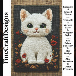 リアルな刺繍風ホワイトキャットBZ8デコパージュ 薄葉紙