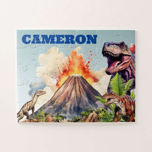 リアルな恐竜とカスタムネームの火山 ジグソーパズル (横)