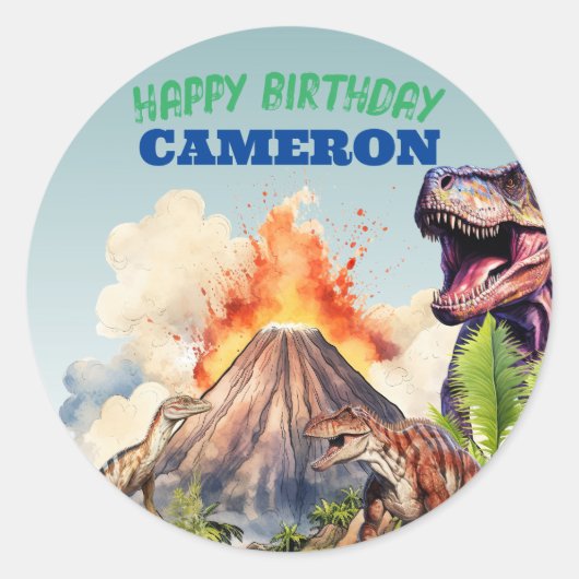 リアルな恐竜とカスタムネームの火山 ラウンドシール (正面)
