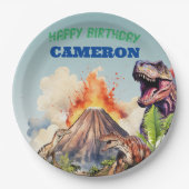 リアルな恐竜と火山のカスタムネーム ペーパープレート (正面)