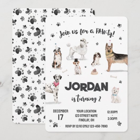 リアルな水彩犬の誕生日パーティー、どんな年齢でも 招待状 (正面/裏面)