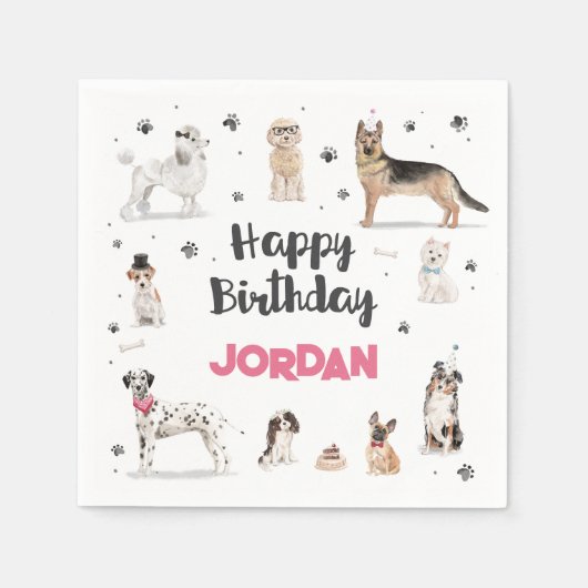 リアルな水彩犬の誕生日パーティー、任意の年齢 スタンダードカクテルナプキン (正面)