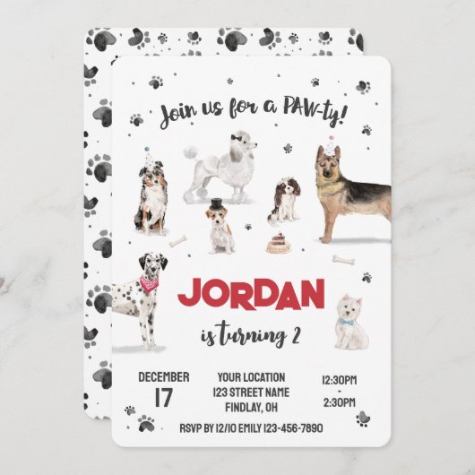 リアルな水彩犬の誕生日パーティー、任意の年齢 招待状 (正面/裏面)