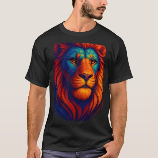 リアルな炎のライオンの頭部 Tシャツ 男性用 力強い 迫力 (正面)