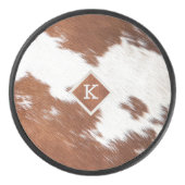 リアルな茶色と白の牛革のテクスチャモノグラム アイスホッケーパック (正面)