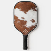 リアルな茶色と白の牛革のテクスチャモノグラム ピックルボールラケット (裏面)