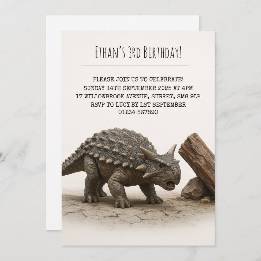 リアルな装甲恐竜の木の近くの誕生日 招待状 (正面/裏面)