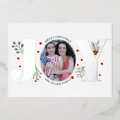 リアルな銀箔の「JOY」 ベリーとグリーンが美しいクリスマスの写真 箔シーズンカード (正面)