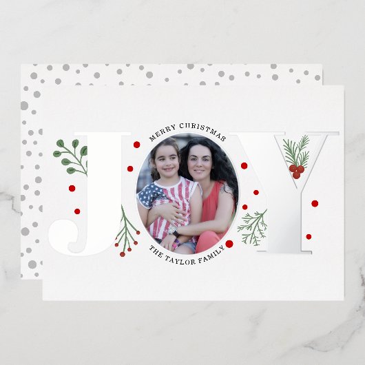 リアルな銀箔の「JOY」 ベリーとグリーンが美しいクリスマスの写真 箔シーズンカード (正面/裏面)