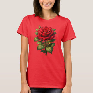 リアルな露のついた赤いバラ  Tシャツ