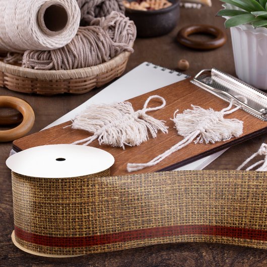 リアルなBurlapテクスチャシンプルの素朴金ゴールドと赤 サテンリボン