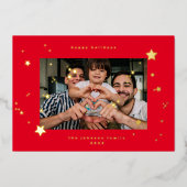 リアルゴールドスターチェリー赤写真ハッピークリスマス 箔シーズンカード (正面)