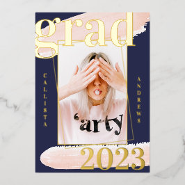 リアルゴールドピンクブルー水彩写真卒業 箔招待状