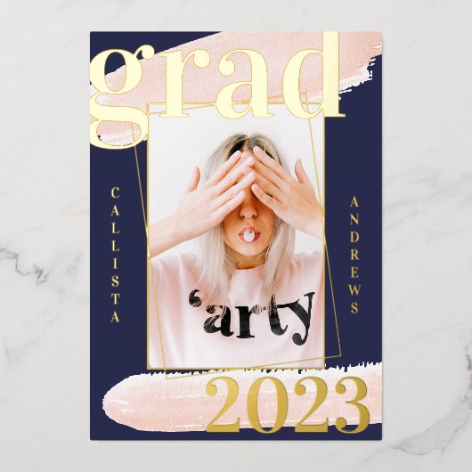 リアルゴールドピンクブルー水彩写真卒業 箔招待状 (正面)