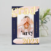 リアルゴールドピンクブルー水彩写真卒業 箔招待状 (立ち正面)