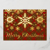 リアルゴールドホイルのメリークリスマススノーフレークがチェック柄に 箔シーズンカード (正面)