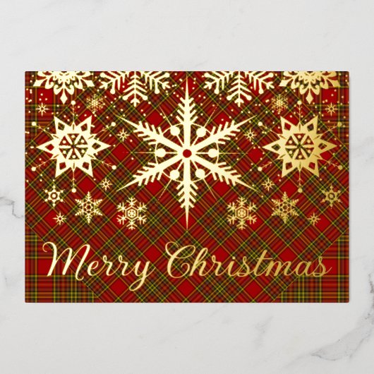 リアルゴールドホイルのメリークリスマススノーフレークがチェック柄に 箔シーズンカード (正面)