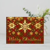 リアルゴールドホイルのメリークリスマススノーフレークがチェック柄に 箔シーズンカード (立ち正面)