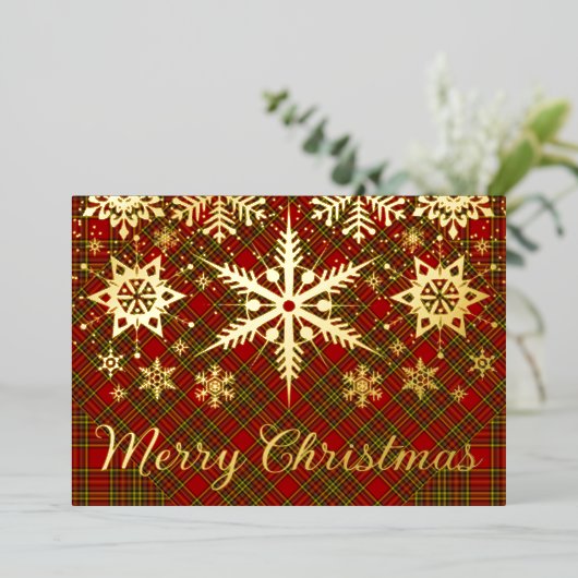 リアルゴールドホイルのメリークリスマススノーフレークがチェック柄に 箔シーズンカード (立ち正面)