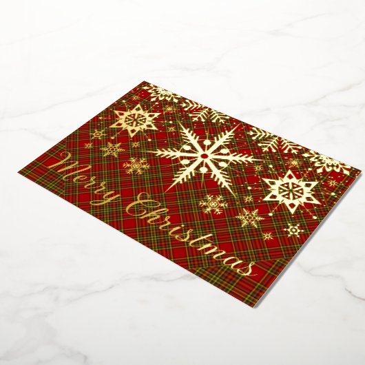 リアルゴールドホイルのメリークリスマススノーフレークがチェック柄に 箔シーズンカード (回転した状態)