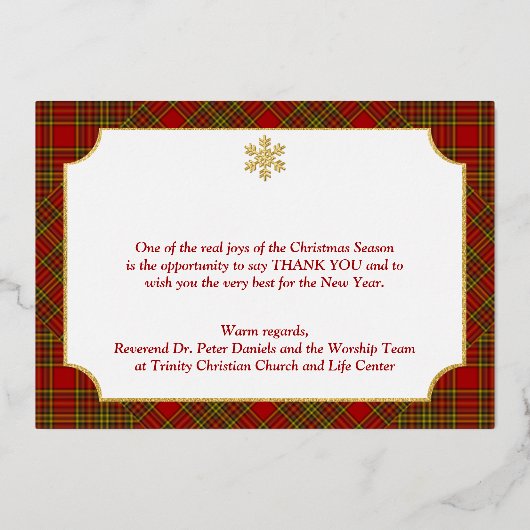 リアルゴールドホイルのメリークリスマススノーフレークがチェック柄に 箔シーズンカード (裏面)