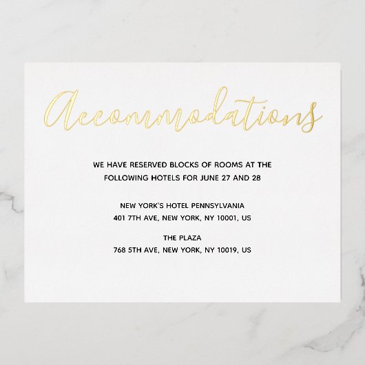 リアルゴールド箔スクリプト結婚式宿泊カード 箔招待状ポストカード (正面)