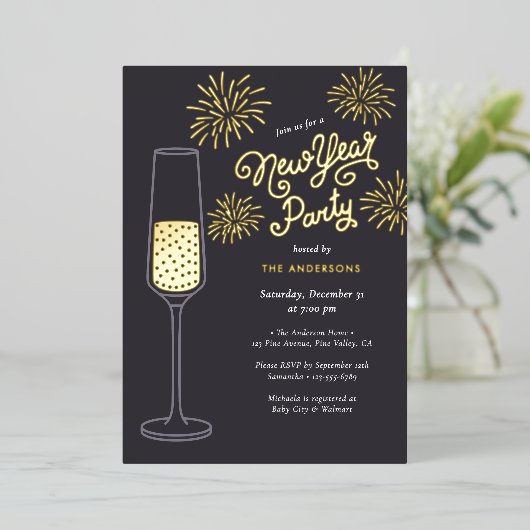 リアルフォイル花火＆シャンパン新年パーティー 箔招待状 (立ち正面)
