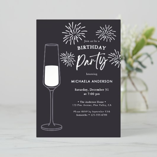 リアルフォイル花火&シャンパン誕生日パーティー 箔招待状 (立ち正面)