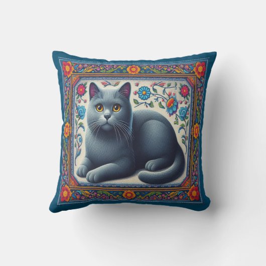 リアルロシアのな青い猫カラフルのフローラ縁ど クッション (裏面)