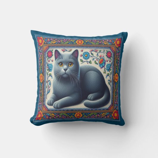 リアルロシアのな青い猫カラフルのフローラ縁ど クッション (正面)
