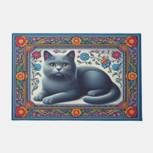 リアルロシアのな青い猫カラフルのフローラ縁ど ドアマット (正面)