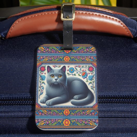 リアルロシアのな青い猫カラフルのフローラ縁ど ラゲッジタグ (正面インサイチュ2)